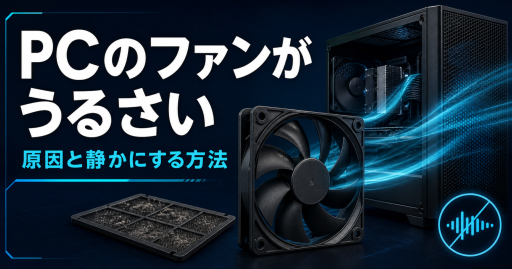 PCの冷却ファンと通気の流れ、ホコリフィルターを描いた図