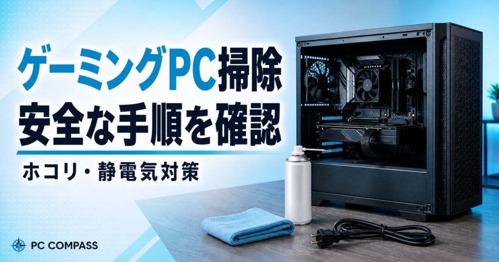 電源を抜いたデスクトップPCとエアダスター・クロスを並べた清掃イメージ