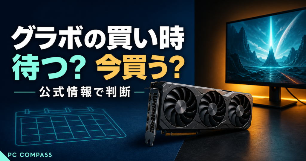 グラフィックカードとカレンダーで購入時期の判断を表すイメージ