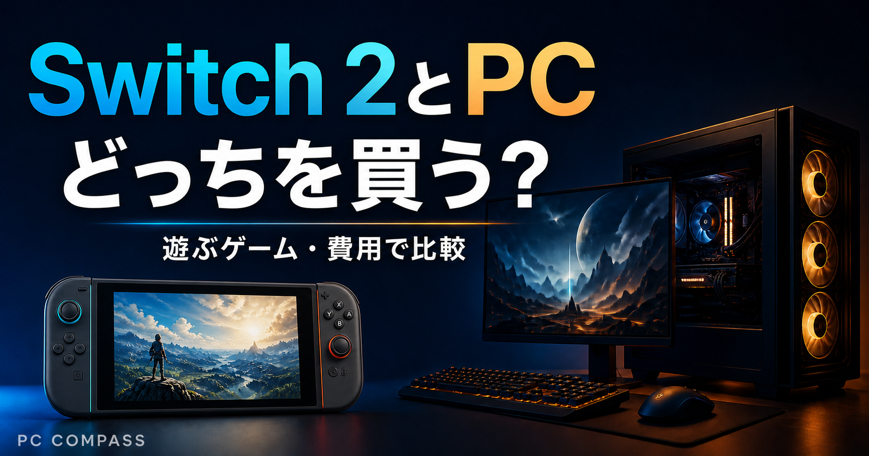 現代的な黒い携帯ゲーム機とゲーミングPCで遊び方と費用を比較するイメージ