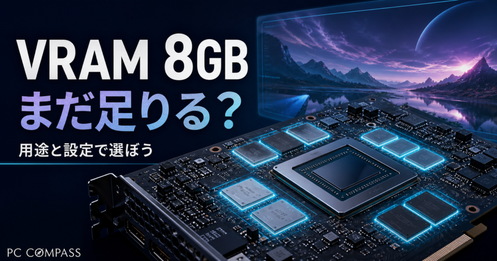 グラフィックボードのGPUとメモリチップでVRAM容量の選び方を表現したイメージ