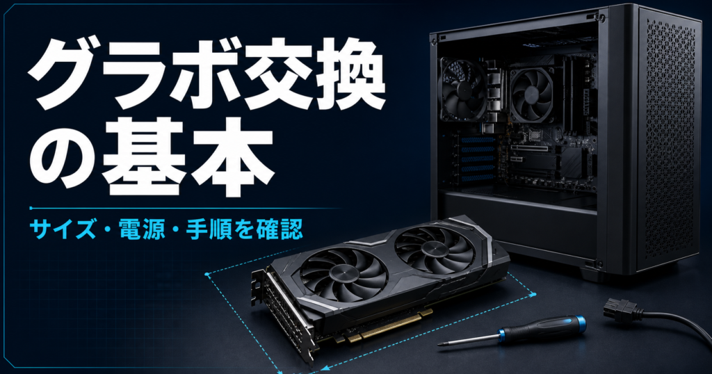 電源を外したデスクトップPCとグラフィックボード、交換工具の図