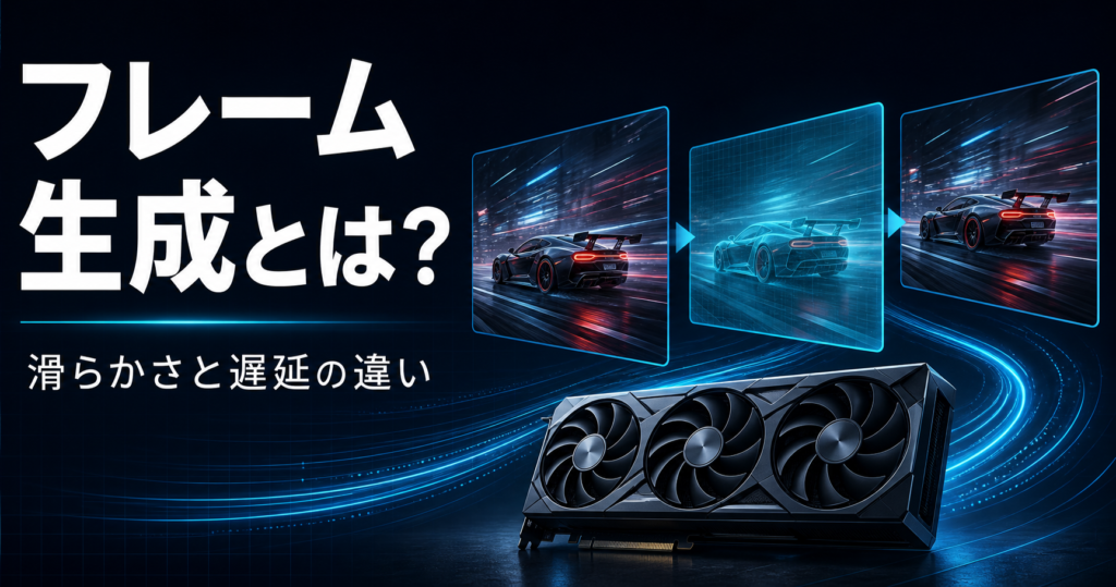 動く車の中間フレームを表す半透明の画面とグラフィックボードの図