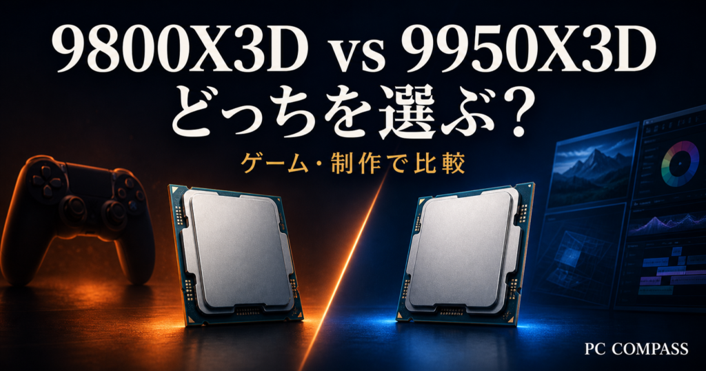 Ryzen 7 9800X3DとRyzen 9 9950X3Dの選び方を示す2つのCPUのイメージ