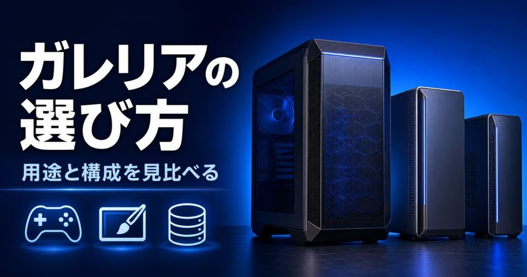 用途別に3台のデスクトップPCを並べて構成を比較する図