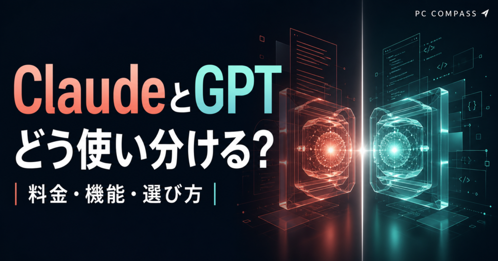 コーラル色とシアン色の抽象的なAIコアでClaudeとGPTの選び方を表現したイメージ