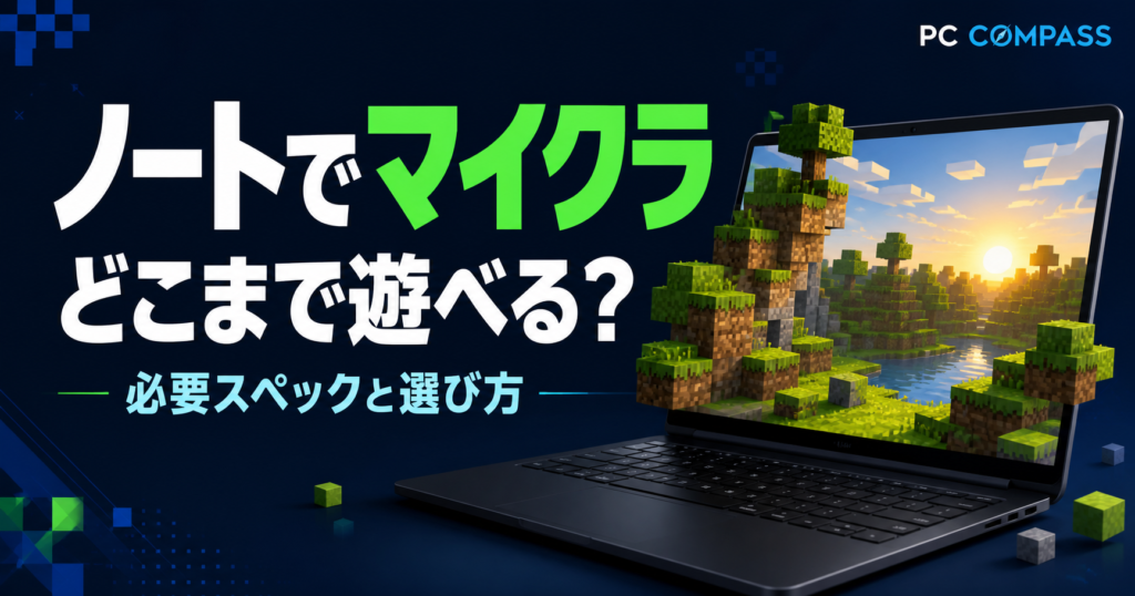 ノートパソコンにブロックでできた草原を映したマインクラフトの動作イメージ