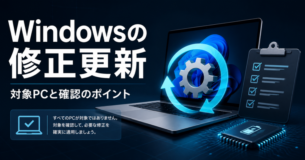 ノートPCと更新アイコン、電源管理の確認項目を組み合わせた図