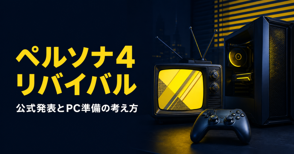 ペルソナ4リバイバルの公式発表とPC準備のガイド。黄色いテレビとゲーミングPCを描いた編集部制作イメージ