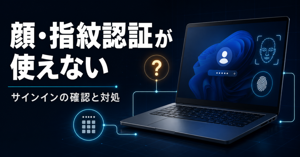 顔認証と指紋認証のアイコン、PIN入力を表示したノートPCの図