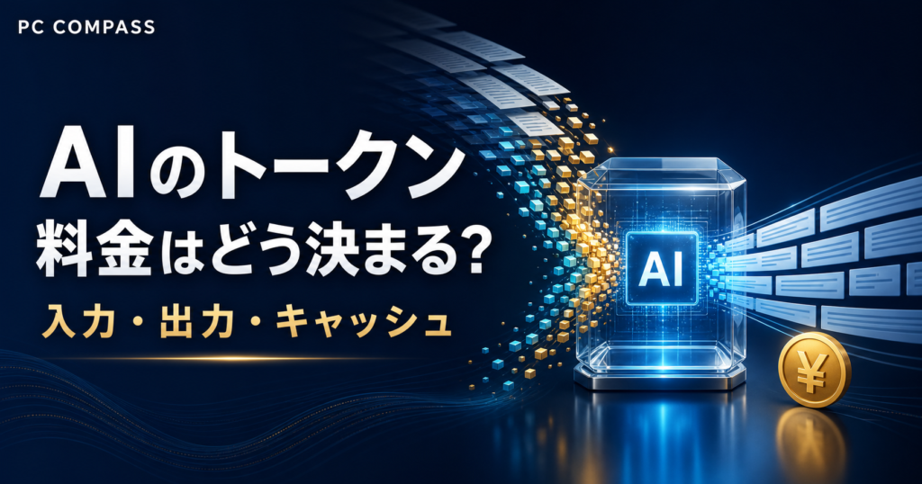 文章がトークンに分かれてAIを通る流れと費用を示す抽象イメージ