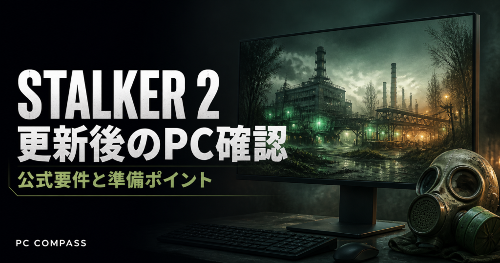 荒れた工業地帯とゲーミングPCを描いたSTALKER 2の更新確認イメージ。実際のゲーム画面ではない