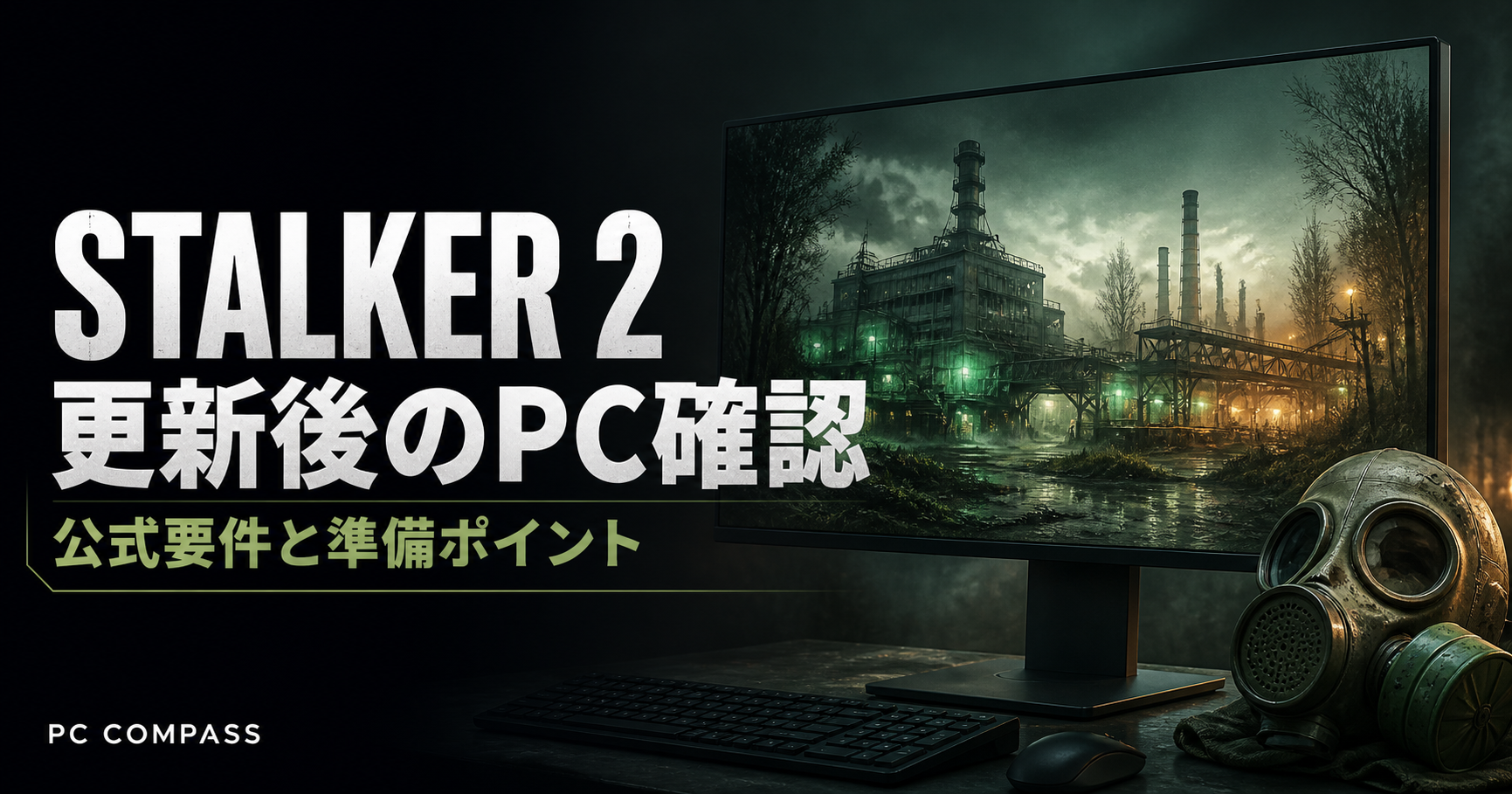 荒れた工業地帯とゲーミングPCを描いたSTALKER 2の更新確認イメージ。実際のゲーム画面ではない