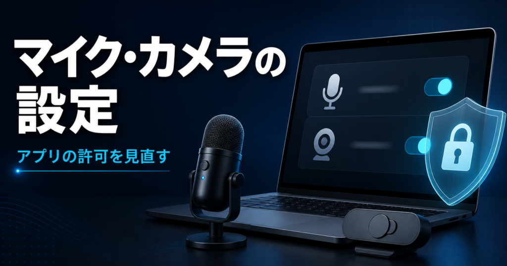 マイクとカメラの設定画面、プライバシーを表す盾と物理シャッターの図