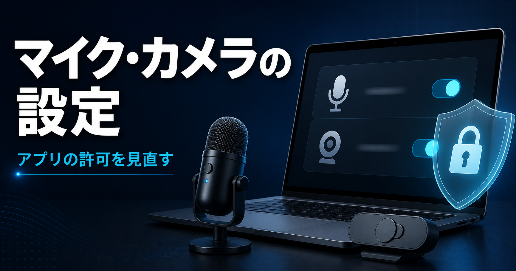 マイクとカメラの設定画面、プライバシーを表す盾と物理シャッターの図