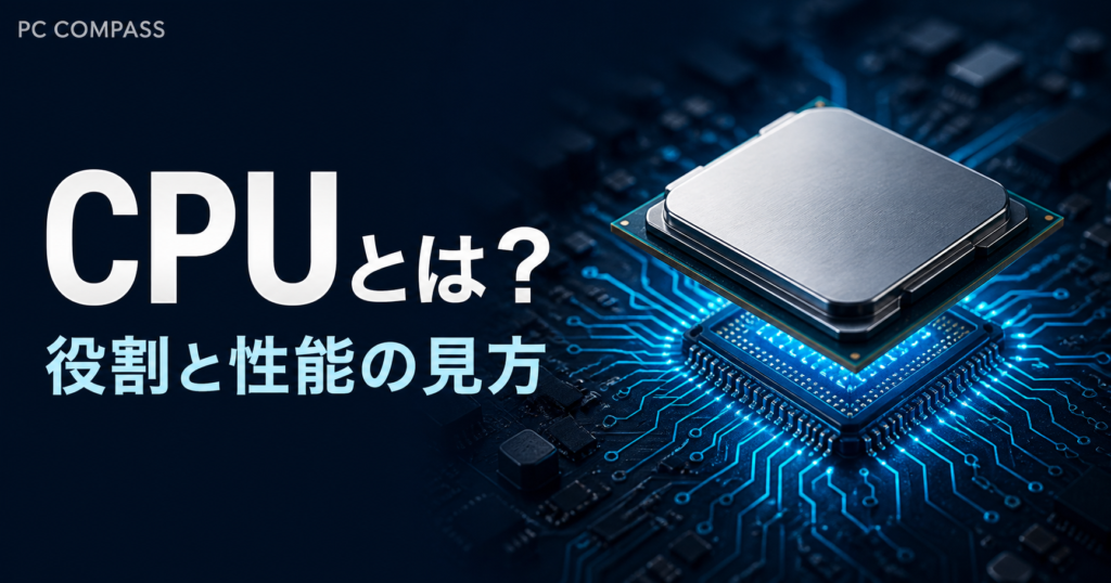 CPUの役割と性能の見方を、青い基板とプロセッサーで表したサムネイル