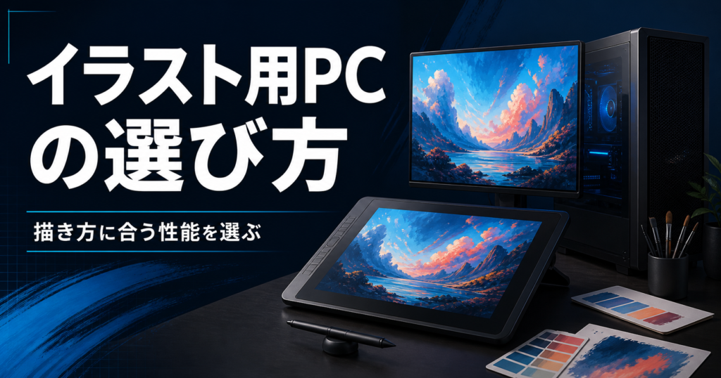液晶ペンタブレットとペン、オリジナルの風景画を表示した創作用パソコンの図