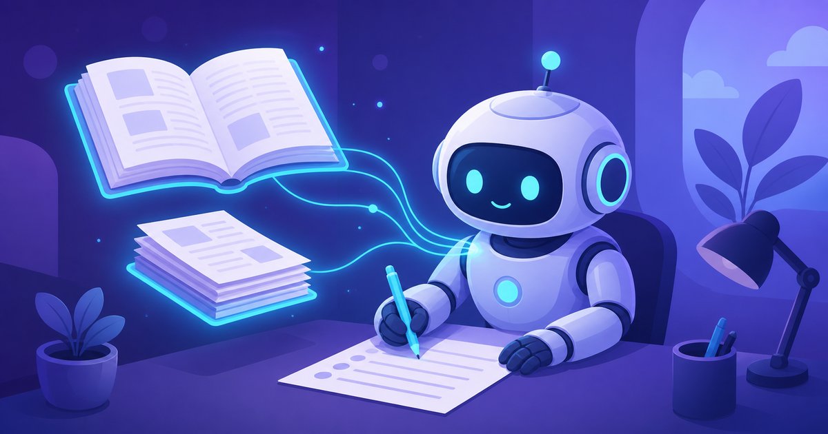 参考書を開きながら答えを書くAIアシスタントのイメージ