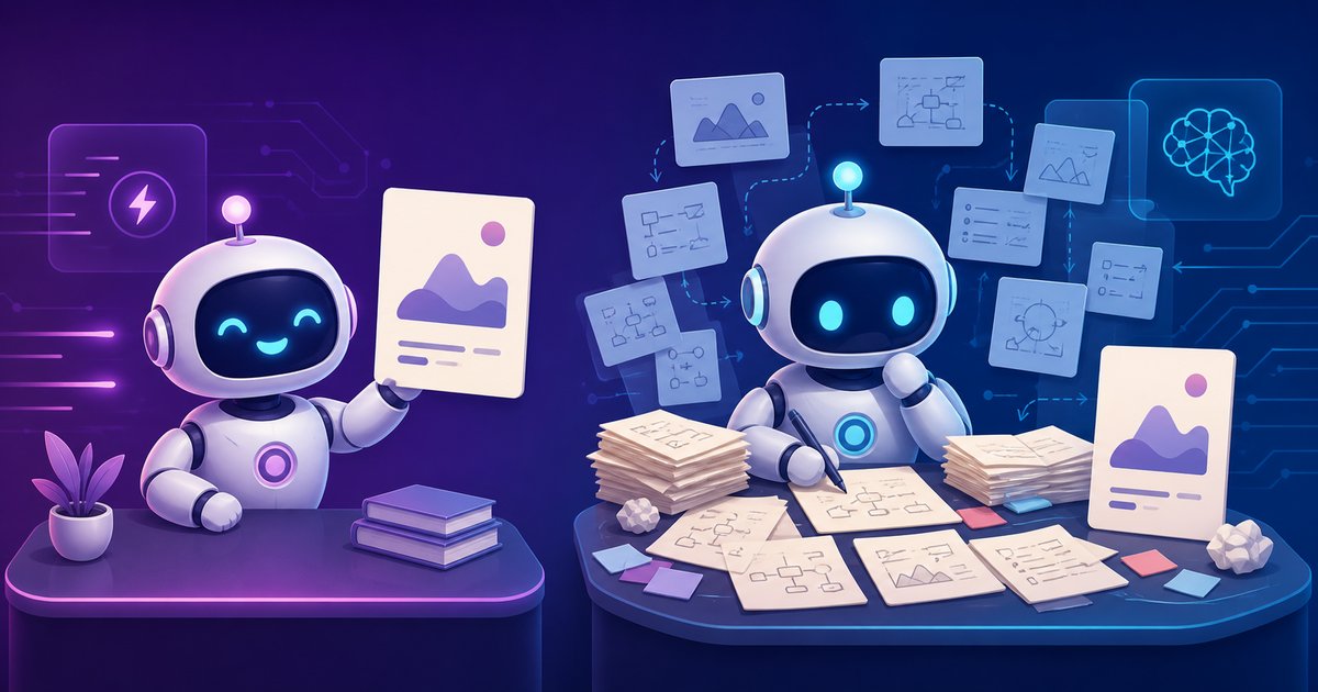 即答するAIと下書きをしてから答えるAIを並べた対比イメージ