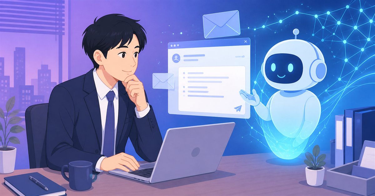 ノートパソコンでAIアシスタントに日本語の業務メールを整えてもらうイメージ