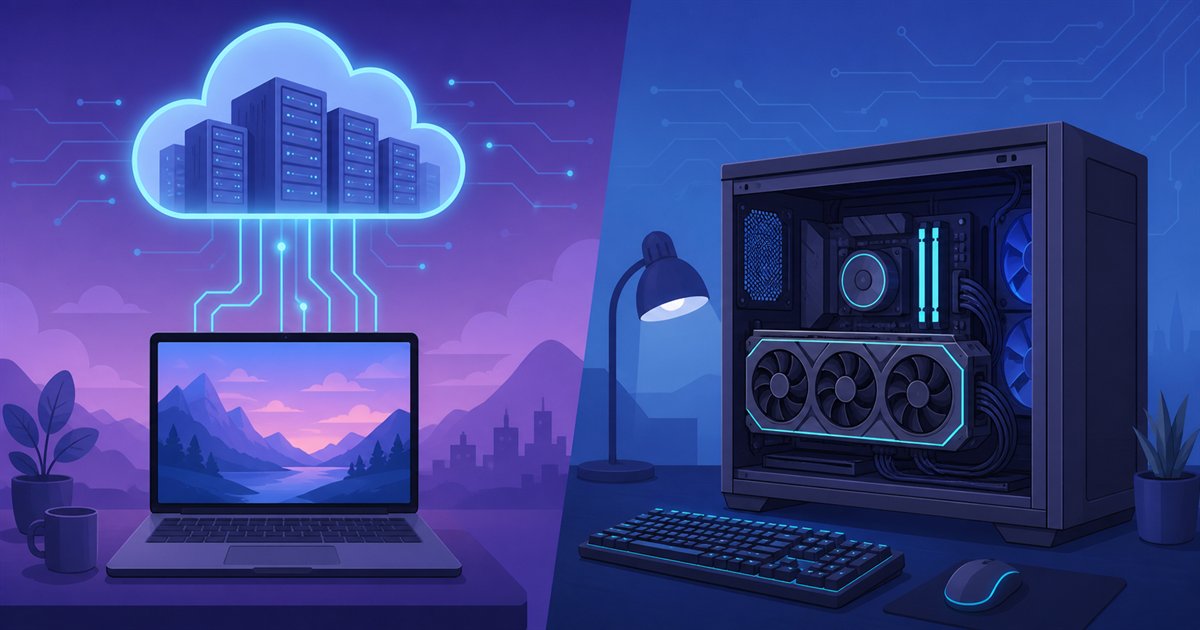 クラウドで動かす場合と自分のPCで動かす場合の違いを表したイメージ