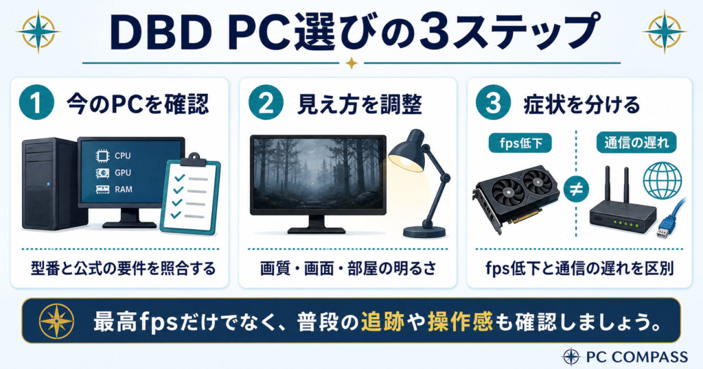 DBDのPC選び。現在のPCの要件、暗い場面の表示、fps低下と通信遅延の違いを確認する図。
