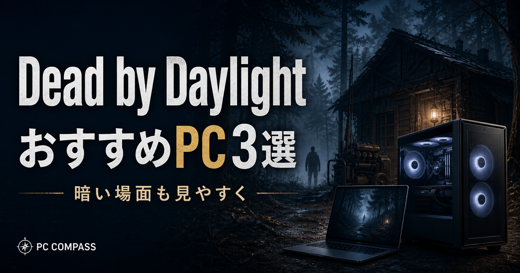 Dead by DaylightのおすすめPC3選。霧の森と小屋、PCを描く編集用イラストで、実際のゲーム画面ではありません。
