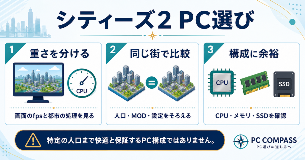 Cities Skylines IIのPC選び。画面のfpsと都市の処理を分け、同じ都市でCPU・GPU・メモリを確認する図。