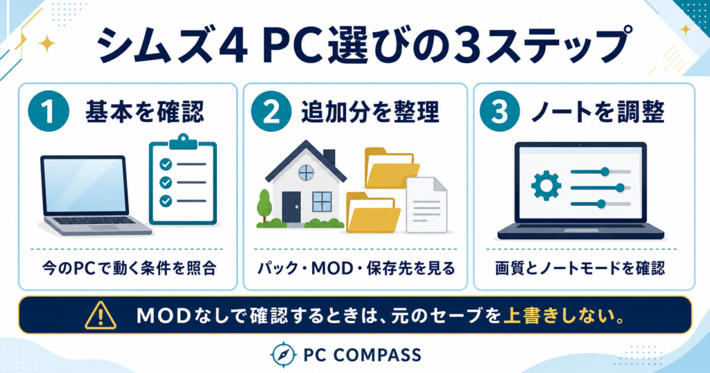 シムズ4のPC選び。基本ゲーム、追加パックとMOD、ノートモードと保存容量を確認する図。