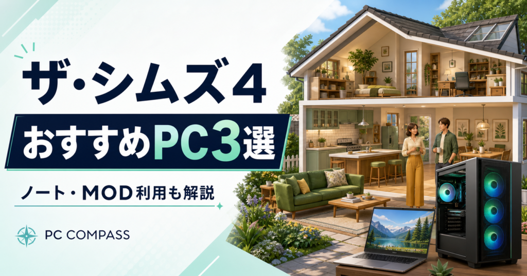 ザ・シムズ4のおすすめPC3選。家と住人、PCを描く明るい編集用イラストで、実際のゲーム画面ではありません。