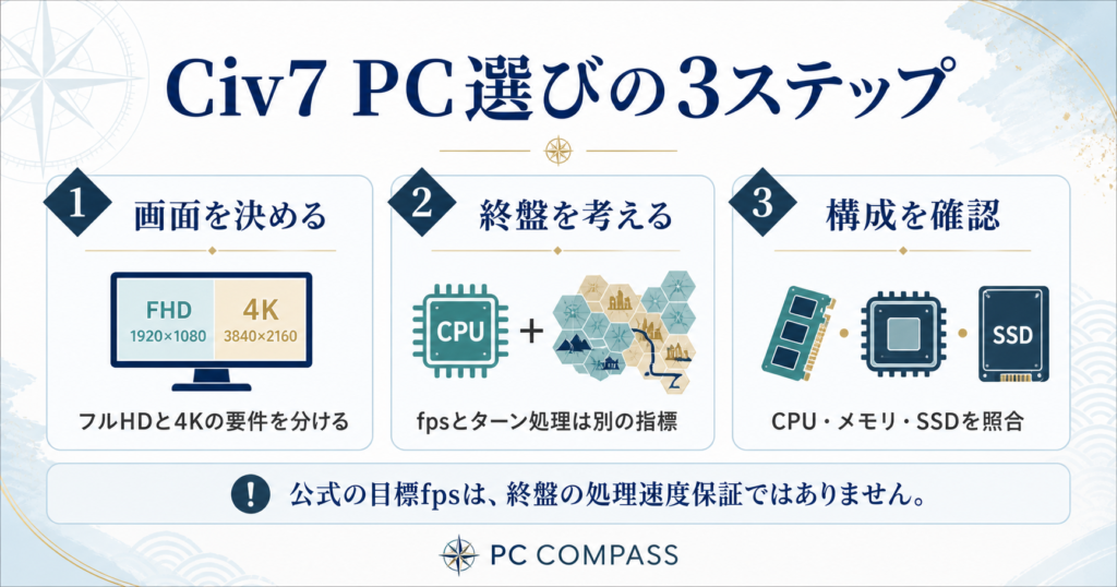Civ7のPC選び。画面解像度、終盤のターン処理、メモリと保存容量を別々に確認する図。