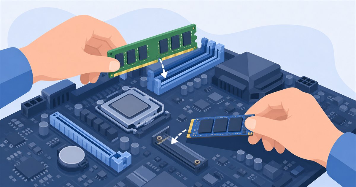 メモリとSSDをスロットに差し込む様子のイメージ