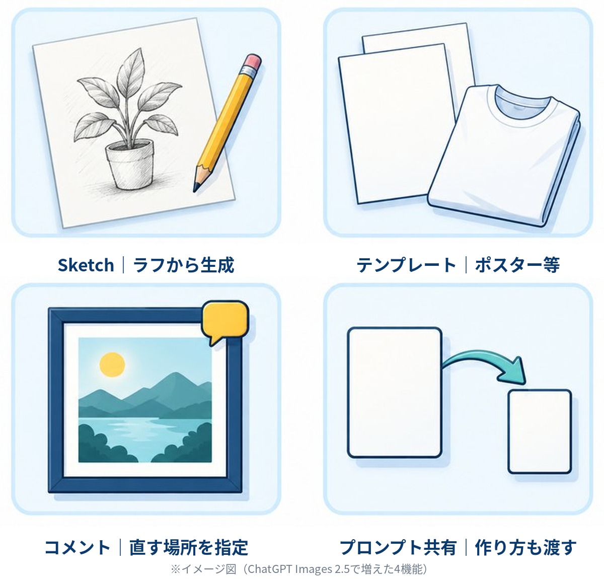 ChatGPT Images 2.5で増えた4機能(Sketch・テンプレート・コメント・プロンプト共有)を並べたイメージ図