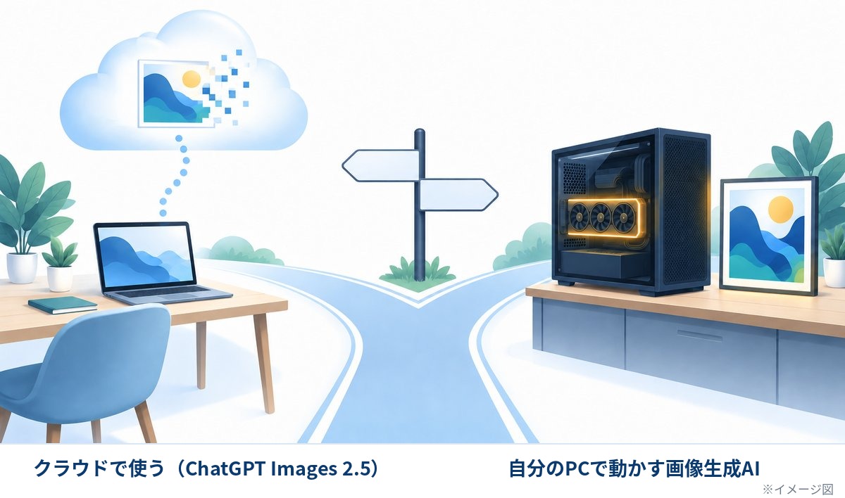 クラウドで使うChatGPT Images 2.5と、自分のPCで動かす画像生成AIの分かれ道を示したイメージ図