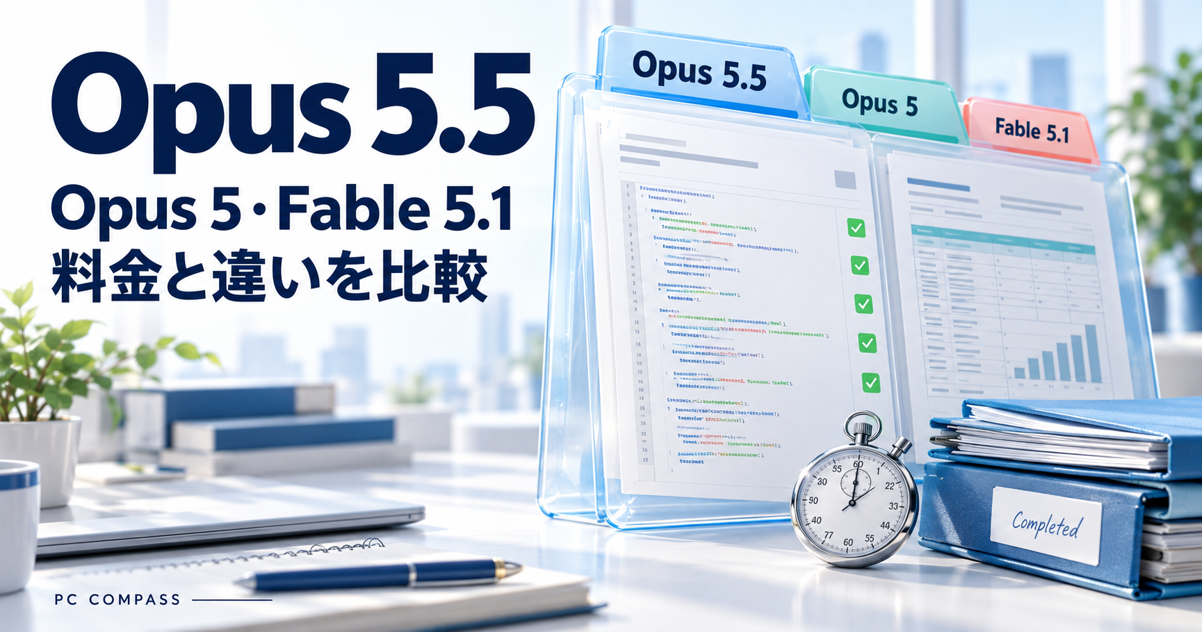 Opus 5.5とOpus 5・Fable 5.1をコードと文書の確認作業で表した比較イメージ