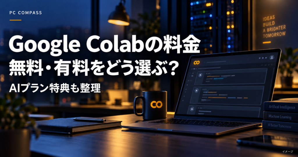 Google Colabの料金とAIプラン特典を整理する、ノートPCと計算環境を写実的に表現したアイキャッチ。