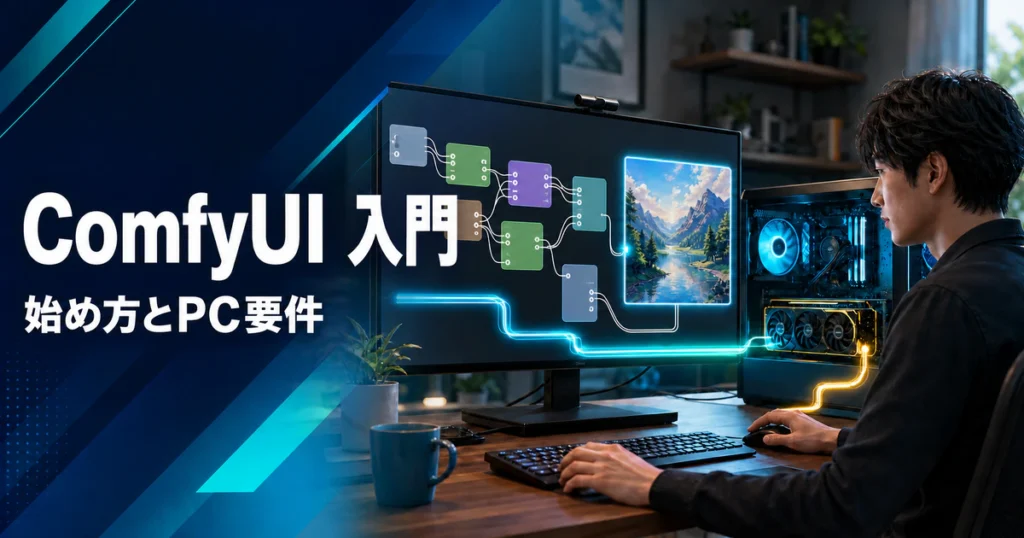 ComfyUIのノード構成とGPUを使った画像生成の流れを示すイメージ