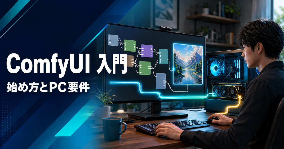 ComfyUIのノード構成とGPUを使った画像生成の流れを示すイメージ