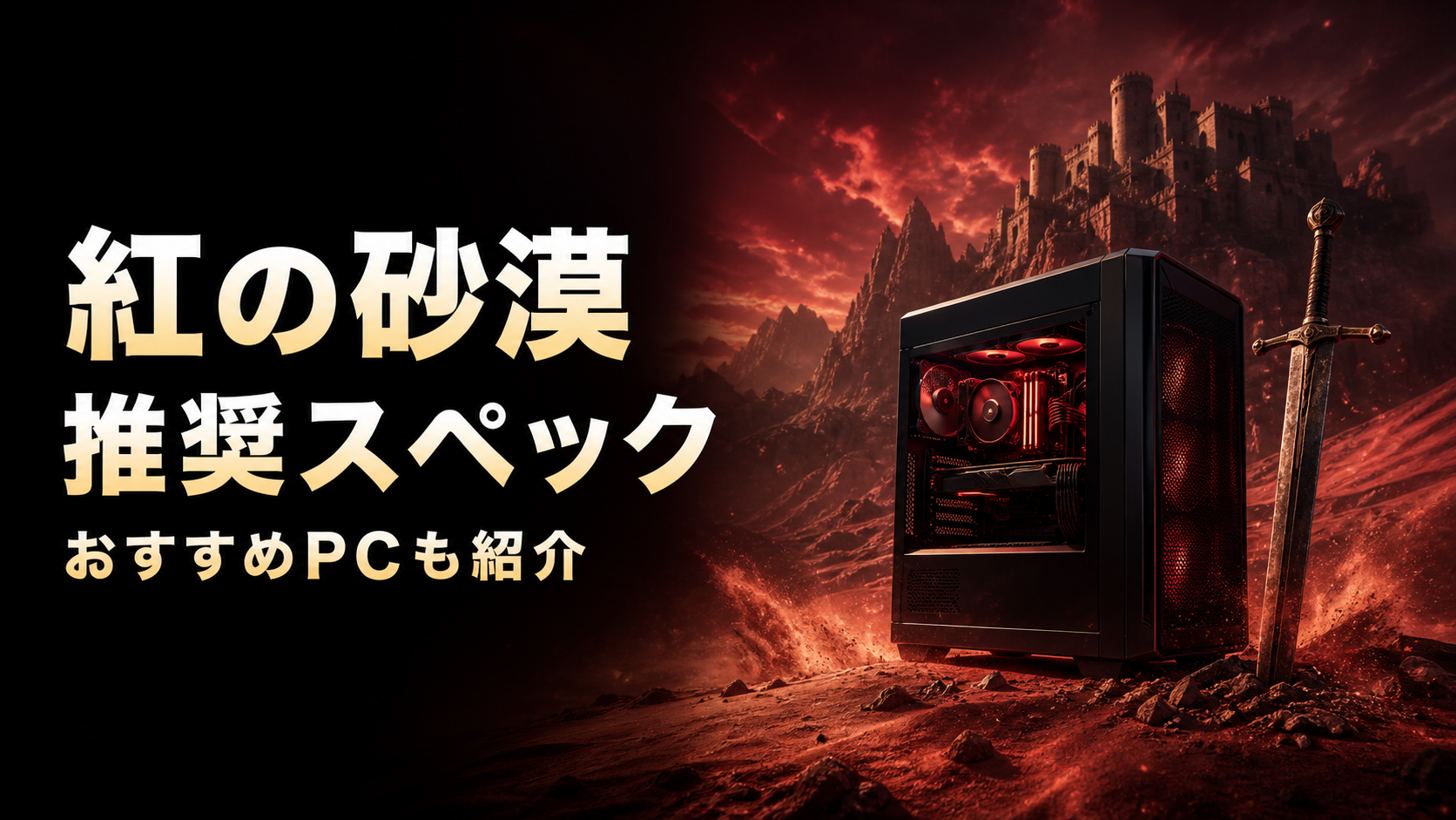 紅い砂漠と砦を背景に、高性能ゲーミングPCと剣を配置した紅の砂漠向け推奨PCのイメージ