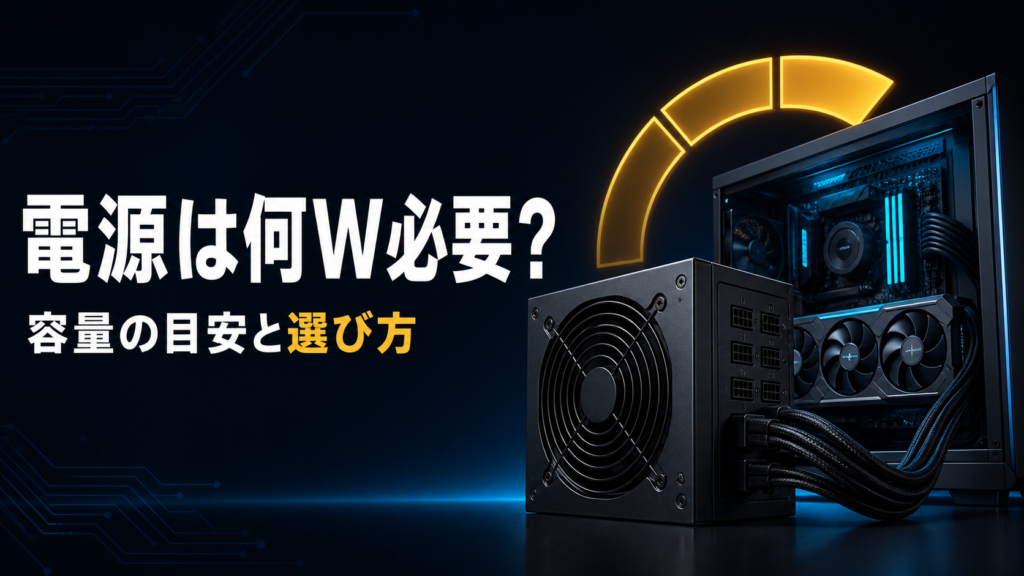 ゲーミングPCの電源容量を、電源ユニットと電力ゲージで示したイメージ