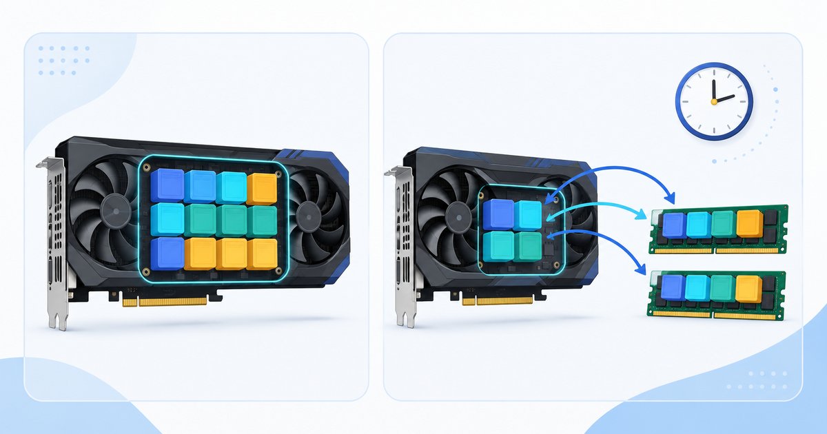 動画生成AIをローカルで動かすとき、モデルをVRAMに載せる場合とPC本体のメモリへ逃がす場合の違いを示したイメージ図