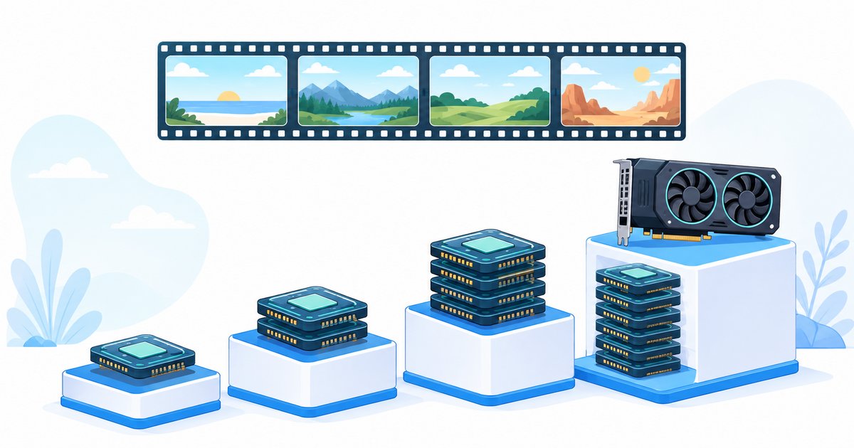 動画生成AIをローカルで動かすとき、VRAM容量が増えるほどできることが広がる段階を表したイメージ図