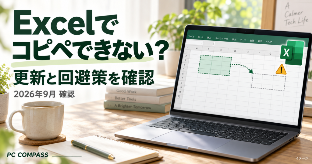 Excelでコピペできない症状と、Office更新・貼り付け形式の確認を案内するアイキャッチ。2026年9月確認のイメージ。