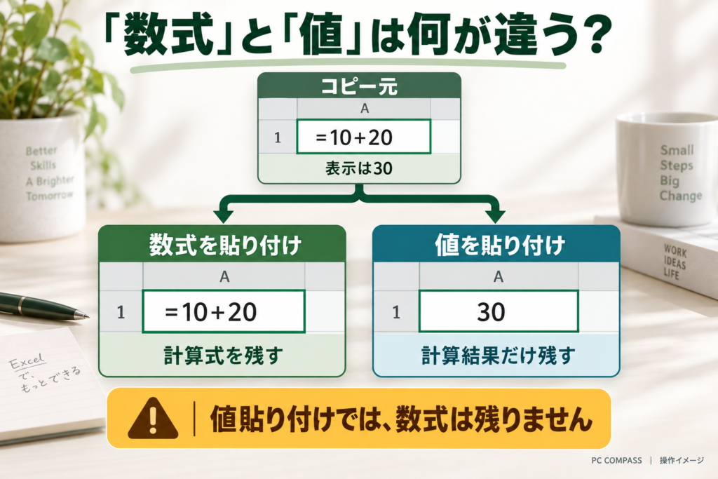 数式が10足す20の場合、数式を貼ると計算式が残り、値を貼ると計算結果の30だけが残ることを比較した図。