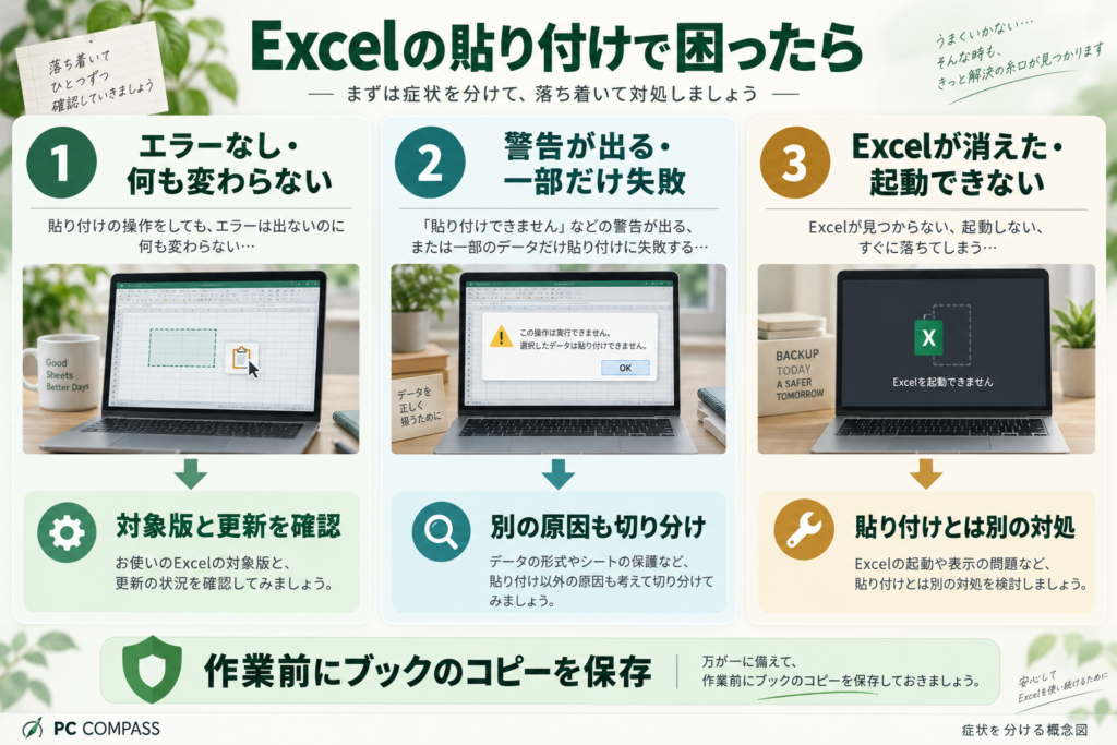 Excelの貼り付けを、無警告で変わらない、警告や一部失敗、起動・認証の問題に分けて確認する図。作業前にブックのコピーを保存する。