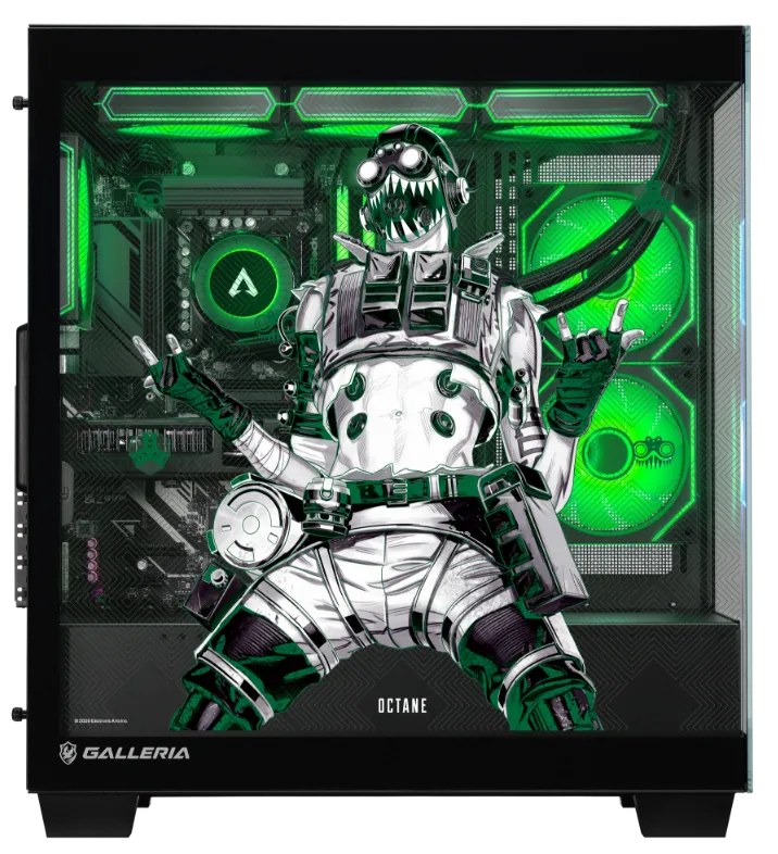 ガラスパネルにオクタンが描かれたGALLERIA ApexコラボPCのオクタンモデル