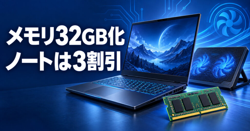 メモリ32GB化・ノートは3割引。ゲーミングノートとSO-DIMMメモリ、冷却台のイメージ