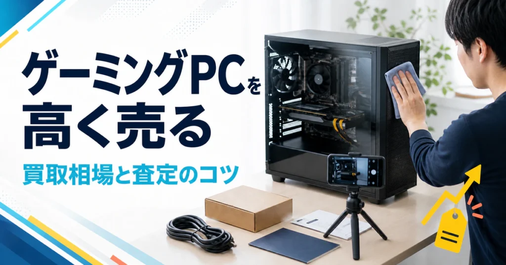 ゲーミングPCを高く売るため、清掃・撮影・付属品確認をする様子