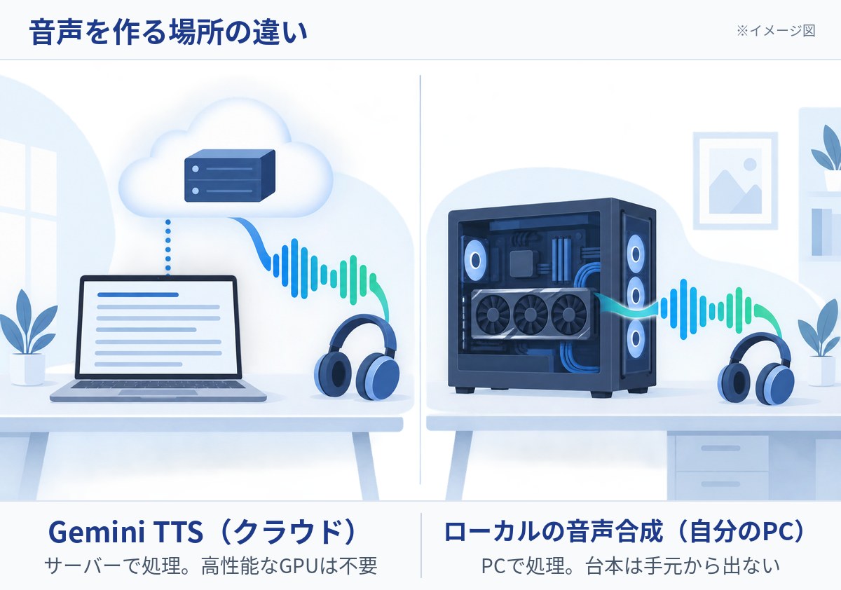 Gemini TTSのようにクラウドで音声を作る場合（左）と、自分のPCで音声合成する場合（右）の違いを表したイメージ図