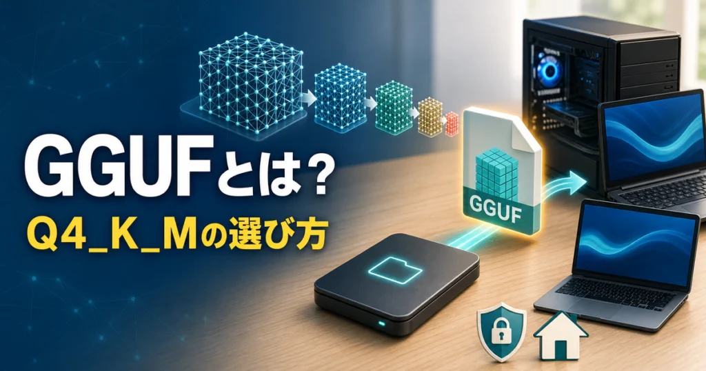 GGUFファイルとQ4_K_M量子化によるローカルLLMの読み込みを示すイメージ